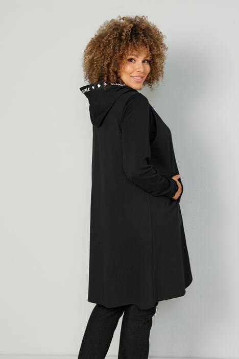 Long gilet en molleton à capuche, zip et bande fantaisie