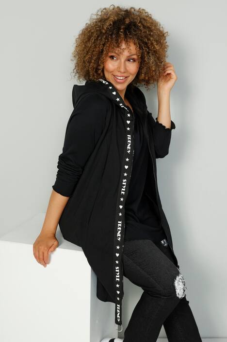 Long gilet en molleton à capuche, zip et bande fantaisie