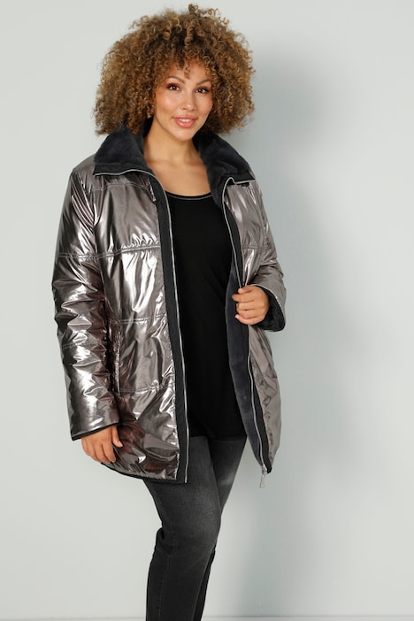 Wendejacke, Metallic-Look, Webpelz, Stehkragen, Zipper