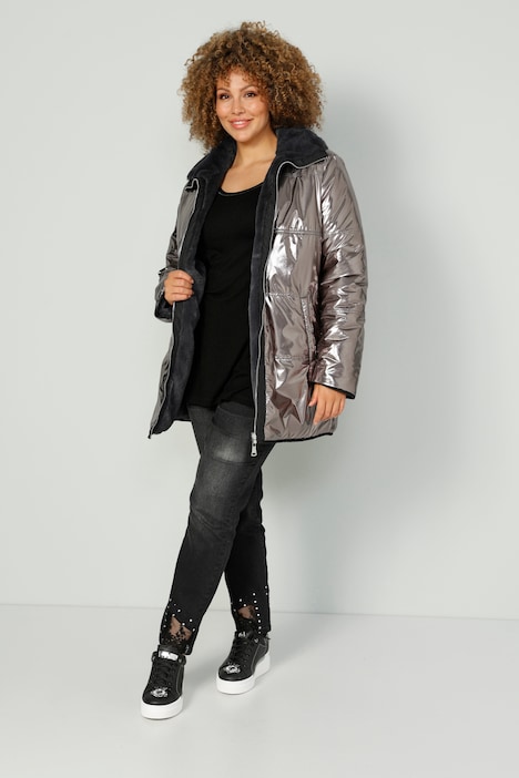 Wendejacke, Metallic-Look, Webpelz, Stehkragen, Zipper