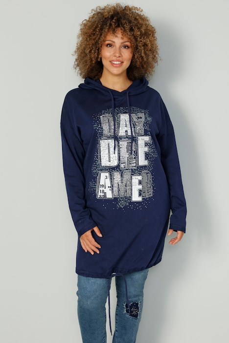 Long-Hoodie, Schriftdruck, Kapuze, Bindeband am Saum.