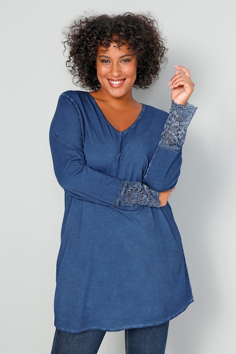 Longshirt, V-Ausschnitt, Langarm mit Spitze