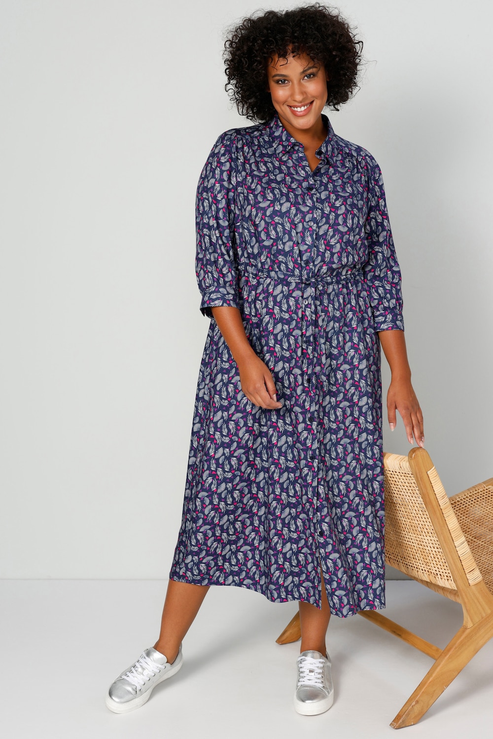 Hemdblusenkleid, Midilänge, Alloverdruck, Knopfleiste, 3/4-Ärmel
