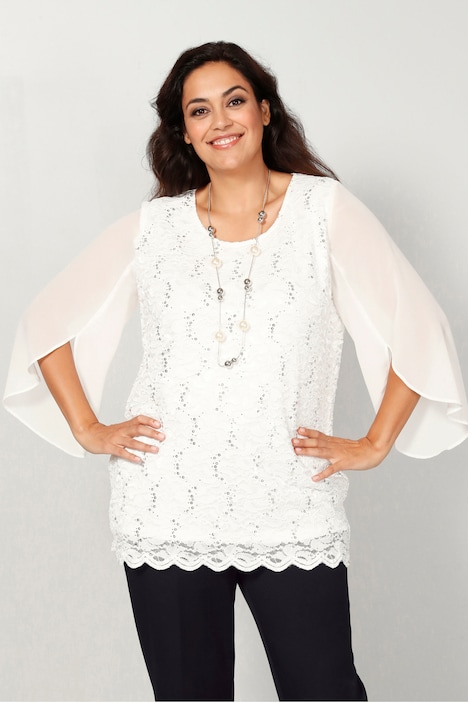 Sequined Cape Sleeve Chiffon Blouse