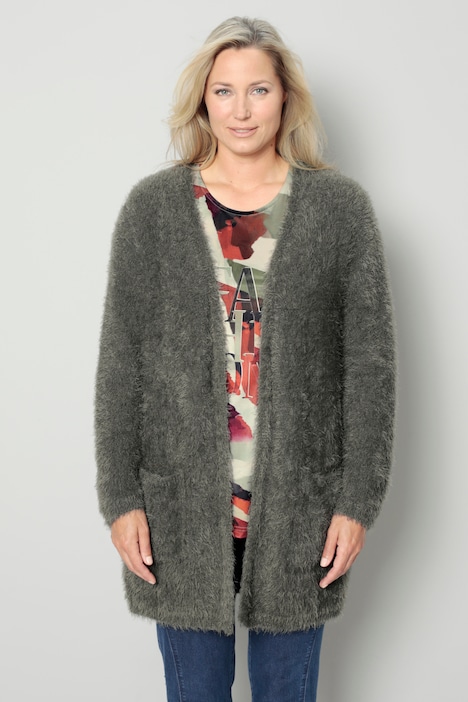 Long Fuzzy Textured Open Shape Cardigan