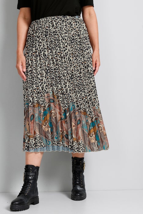 Leopard Print Border Hem Pleated Elastic Waist Skirt