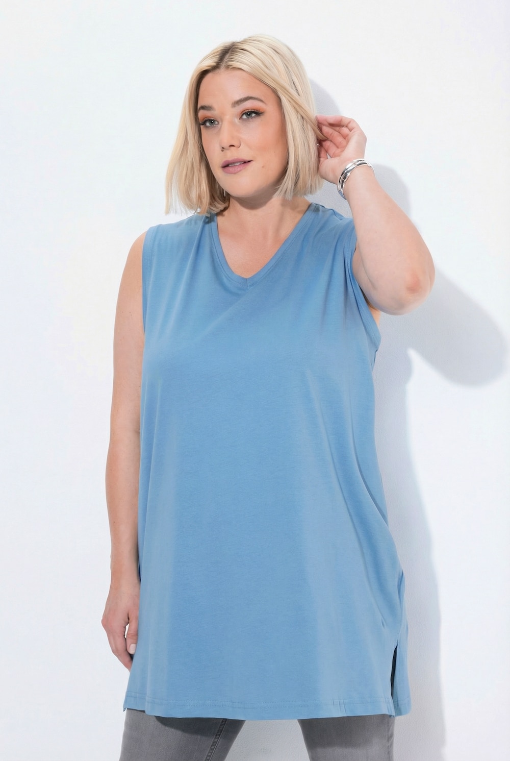 Top, V-hals, relaxed, mouwloos, katoen