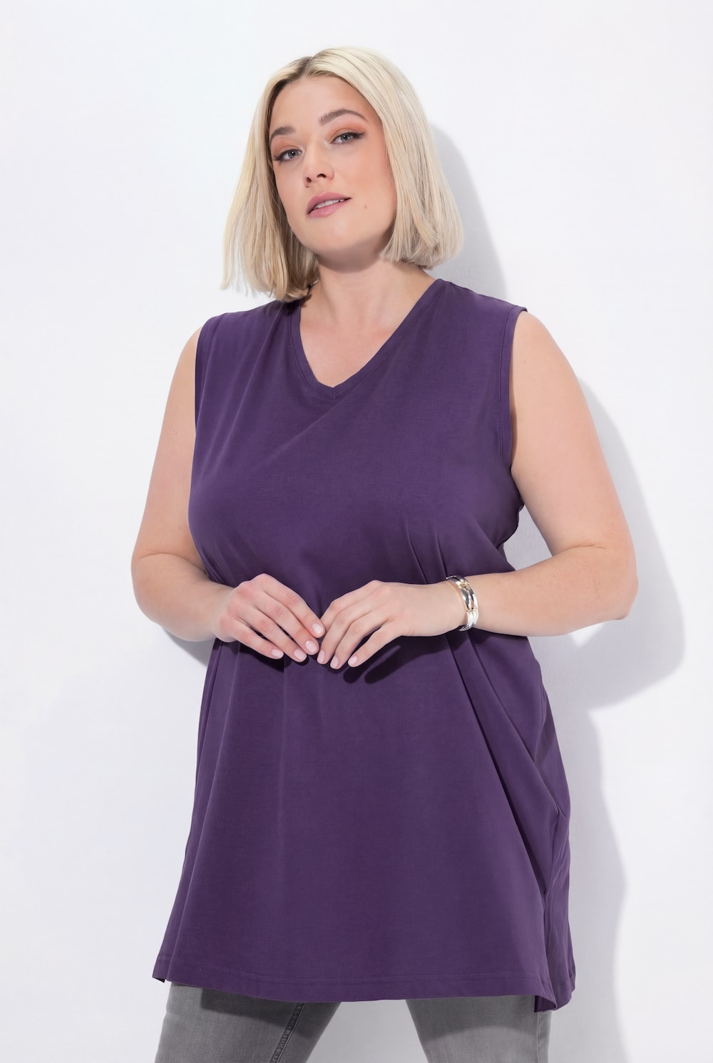 Topp, V-hals, avslappet, ermeløs, bomull