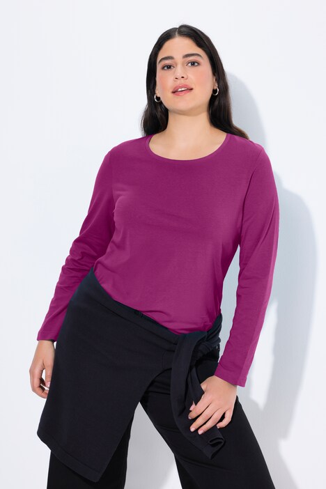 T-shirt Basic Manches Longues Ulla Popken Femme | Col Rond, Coupe Slim, 100% Coton | Taille 52-54, Bleu