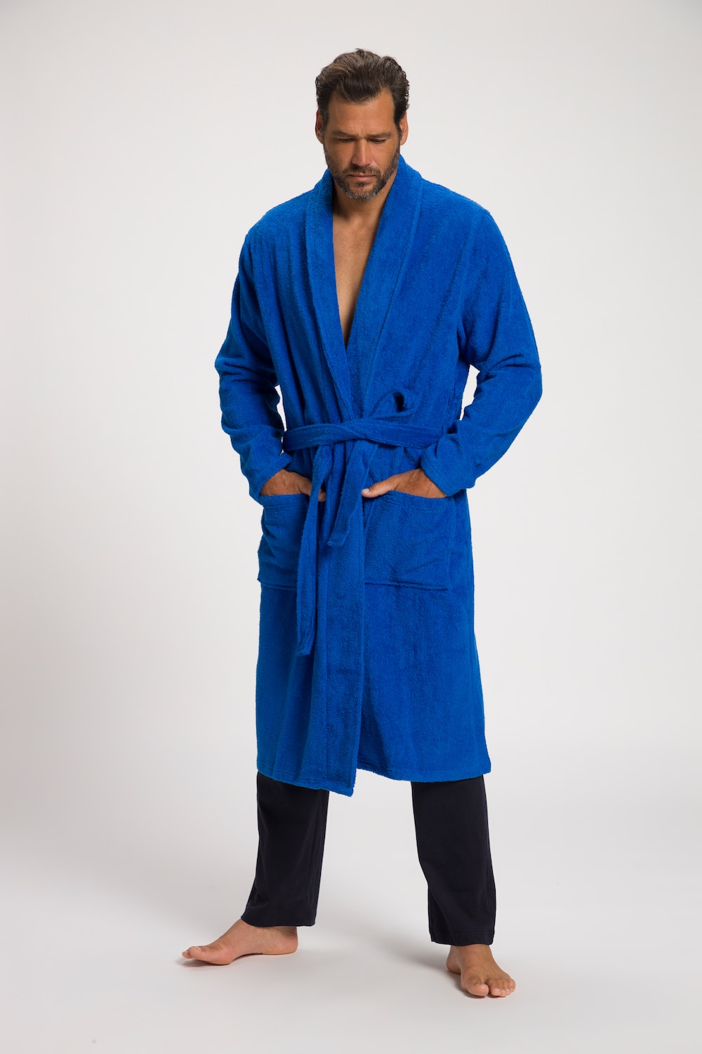 grandes tailles peignoir collection homewear. col châle, hommes, bleu, taille: 3xl, coton, jp1880