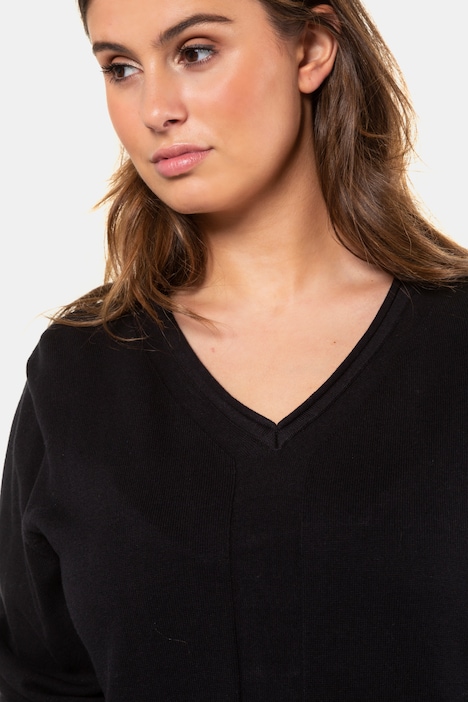 V-Neck Purl Inset Cotton Long Sleeve Sweater