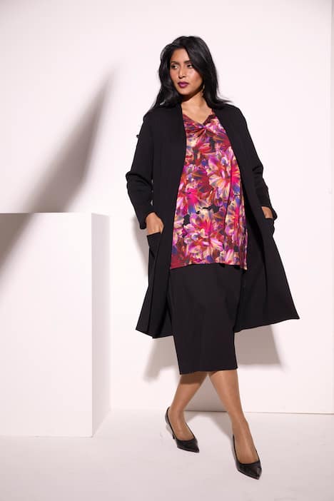 Strickjacke, lange, offene Form, Stehkragen, Langarm