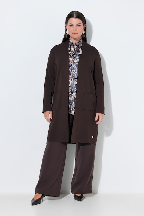 Strickjacke, lange, offene Form, Stehkragen, Langarm