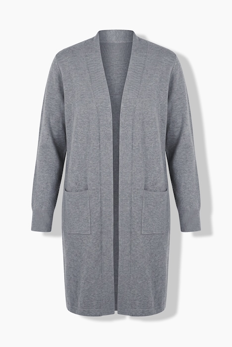 Strickjacke, lange, offene Form, Stehkragen, Langarm