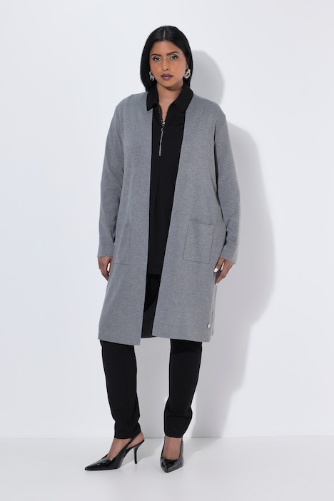 Strickjacke, lange, offene Form, Stehkragen, Langarm