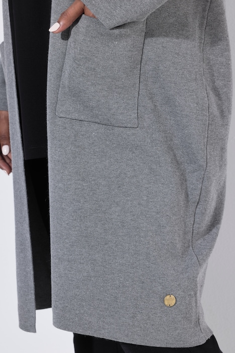 Strickjacke, lange, offene Form, Stehkragen, Langarm