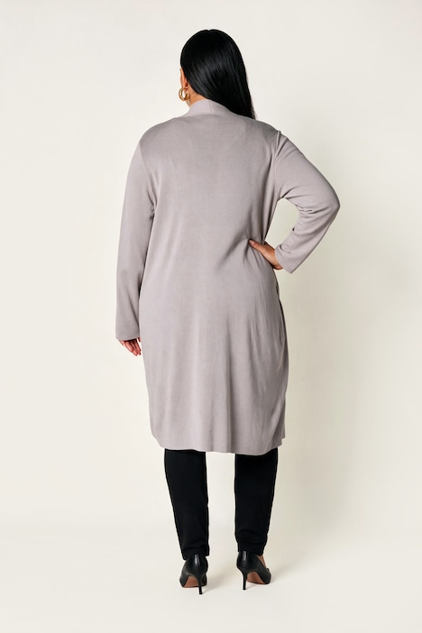 Strickjacke, lange, offene Form, Stehkragen, Langarm