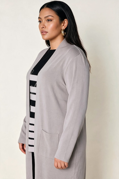 Strickjacke, lange, offene Form, Stehkragen, Langarm