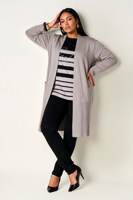 Strickjacke, lange, offene Form, Stehkragen, Langarm