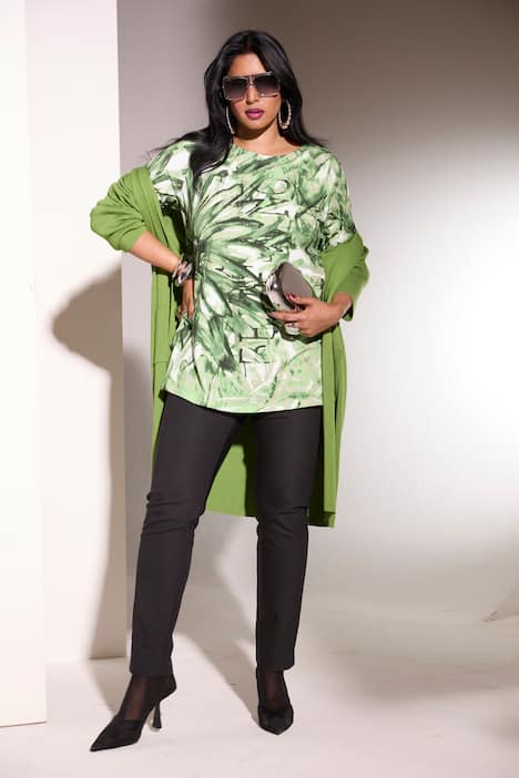 Strickjacke, lange, offene Form, Stehkragen, Langarm