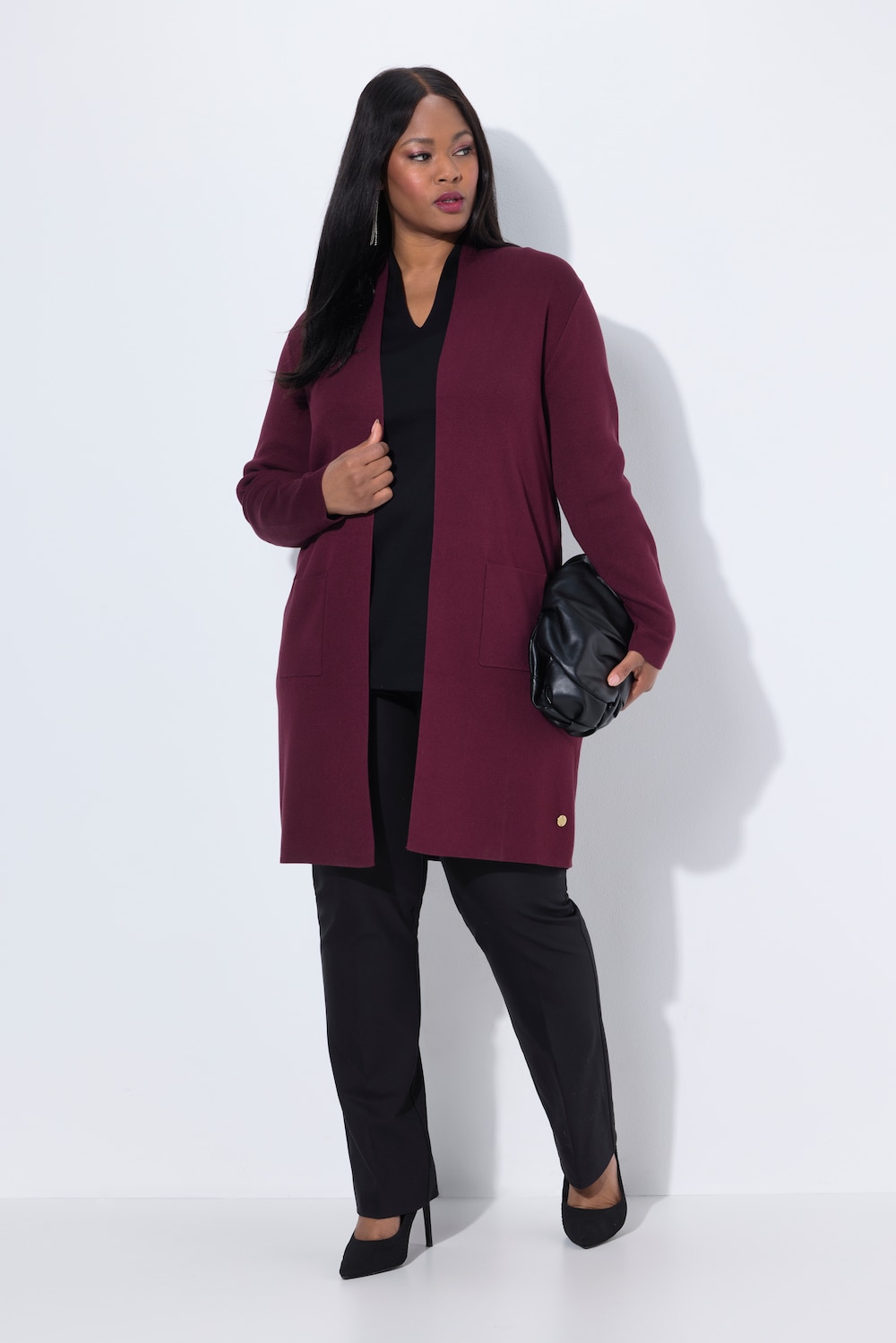 Strickjacke, lange, offene Form, Stehkragen, Langarm