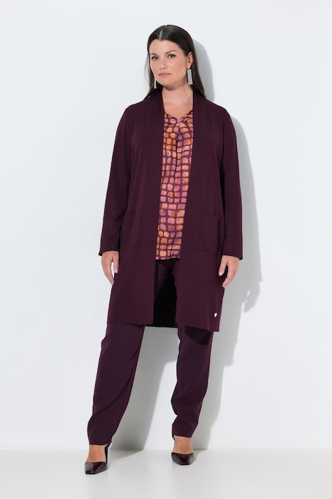 Strickjacke, lange, offene Form, Stehkragen, Langarm