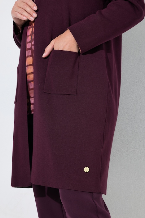 Strickjacke, lange, offene Form, Stehkragen, Langarm