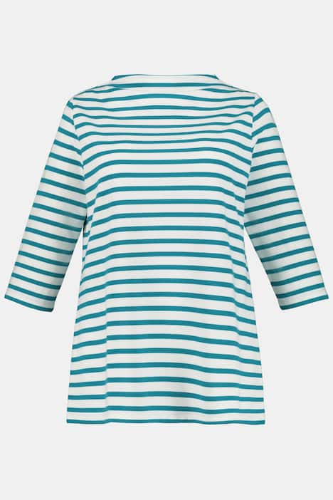 Stripe High Neck Three Quarter Sleeve Stretch Knit Top