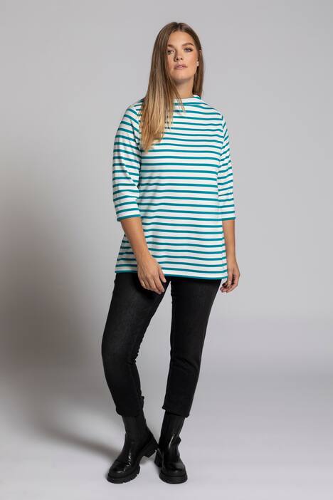Stripe High Neck Three Quarter Sleeve Stretch Knit Top