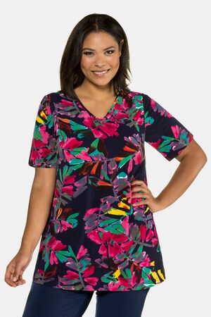 Ulla Popken Longshirt, Exotikmuster, V-Ausschnitt, Halbarm - Große Größen