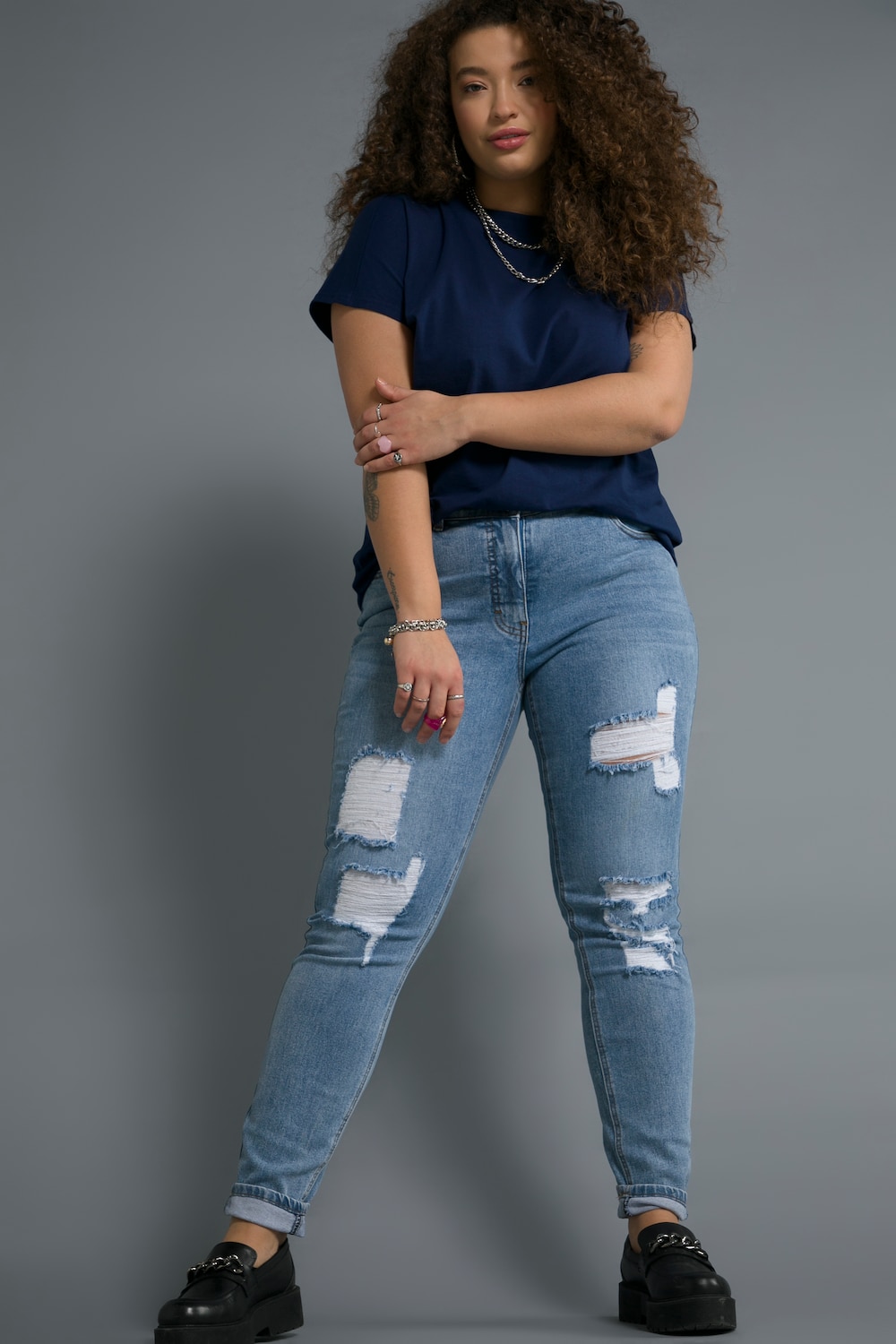 Grote Maten skinny jeans, Dames, blauw, Maat: 44, Katoen, Studio Untold