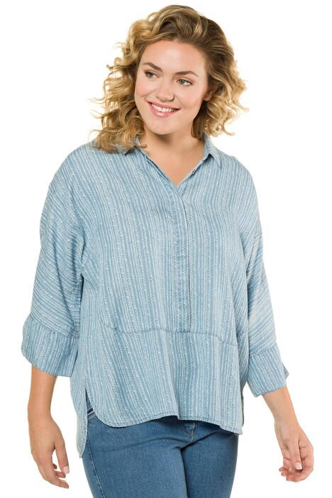 Print Lyocell Shirt Collar Rounded Hem Blouse