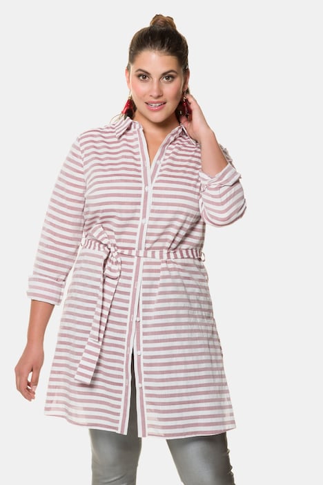 Bluse, lange Form mit Streifen, Taillengürtel, Langarm