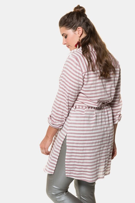 Bluse, lange Form mit Streifen, Taillengürtel, Langarm
