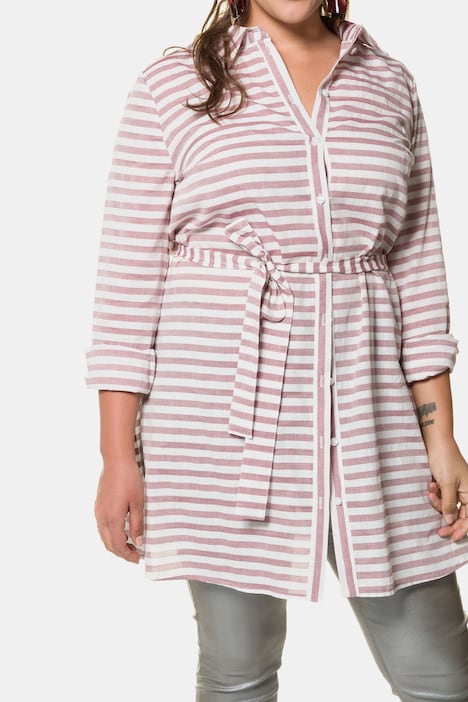 Bluse, lange Form mit Streifen, Taillengürtel, Langarm