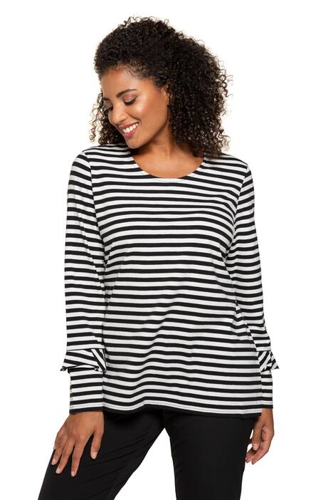 Ruffle Sleeve Trim Stripe Classic Fit Stretch Cotton Tee