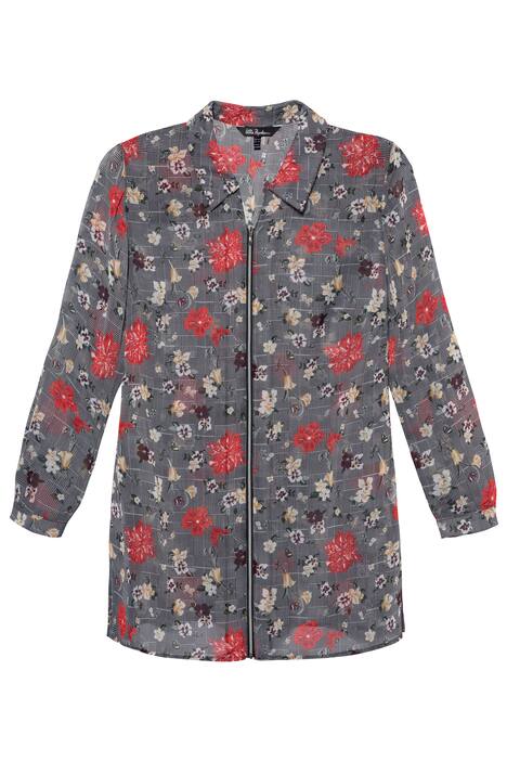 Checked Floral Zip Front Chiffon Tunic Blouse