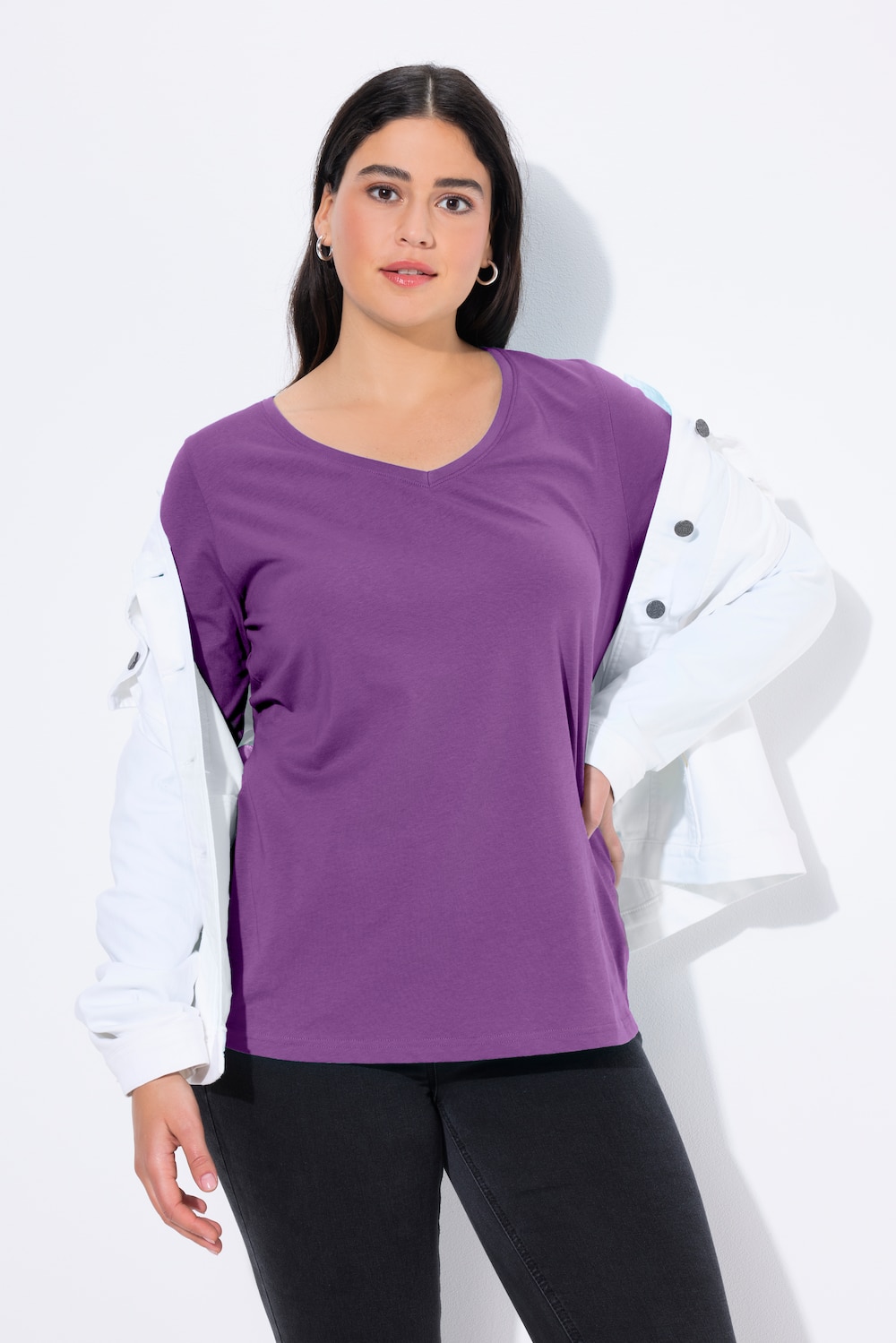 Shirt, slim, V-hals, lange mouw