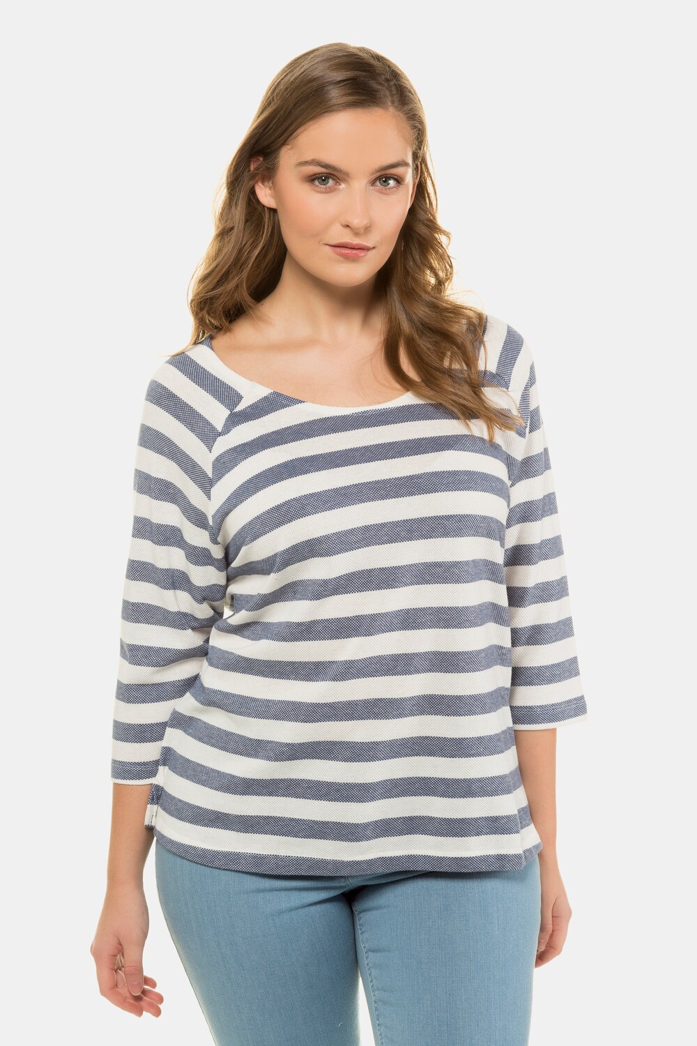 Plus Size Eco Cotton Back Tie Stripe Round Neck Sweatshirt, Woman, blue, size: 16/18, cotton, Ulla Popken