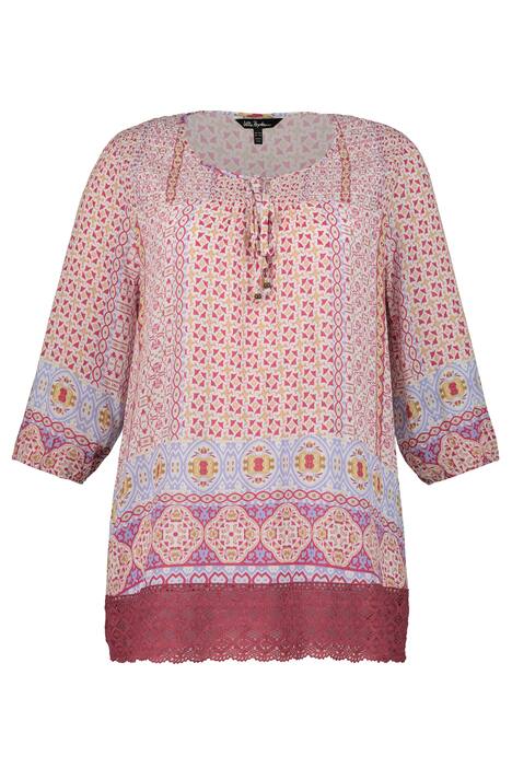 round neck lace up patchwork lace print blouses round neck lace up patchwork lace print blouses