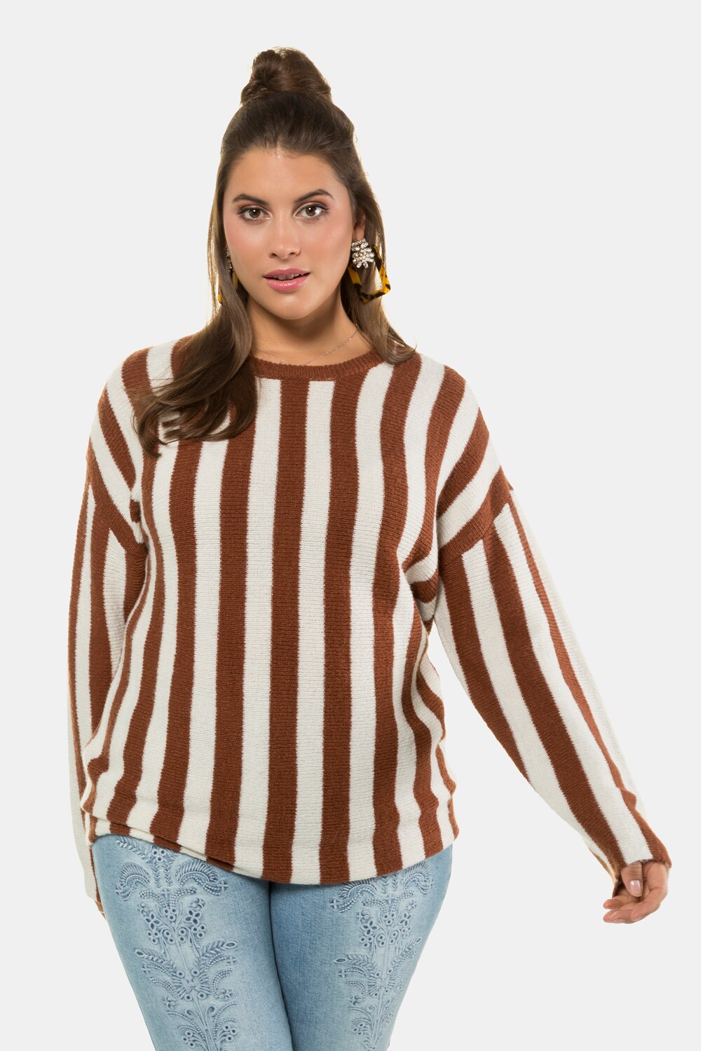 Plus Size Vertical Stripe Round Neck Long Sleeve Sweater, Woman, brown, size: 16/18, synthetic fibers, Studio Untold