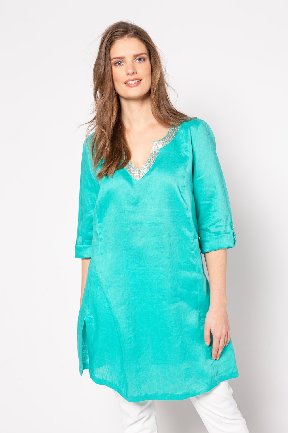 Plus Size Metallic Notch Neck Linen Tunic Blouse, Woman, turquoise, size: 24/26, linen, Ulla Popken