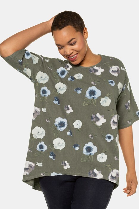 Floral Print Linen Blend Round Neck Tunic Blouse | Linen Blouses | Blouses