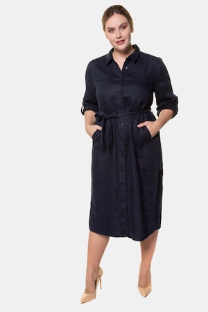Ulla Popken Kleid, Bindegürtel, Hemdkragen, Leinenmischung - Große Größen