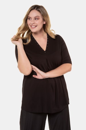 Ulla Popken Shirt, Kellerfalte, Classic, Ziersteine, Kelchkragen - Große Größen