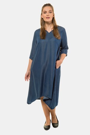 Ulla Popken Kleid, Denimoptik, Zipfelsaum, 3/4-Arm, Lyocell - Große Größen