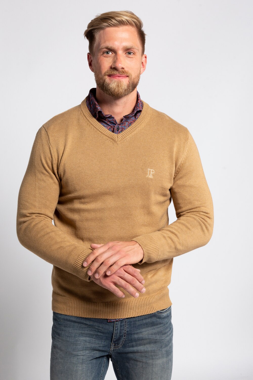 Plus Size Fine Knit V-neck Sweater, Man, beige, size: XXL, cotton, JP1880