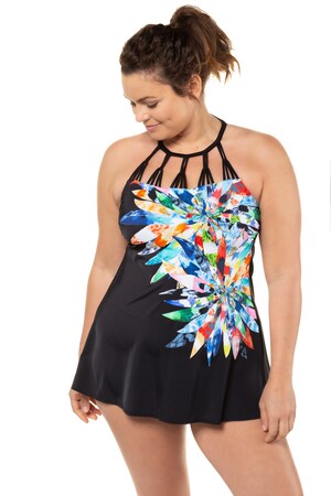 Ulla Popken Badekleid, Blütenmotiv, Neckholder, Zierbänder - Große Größen