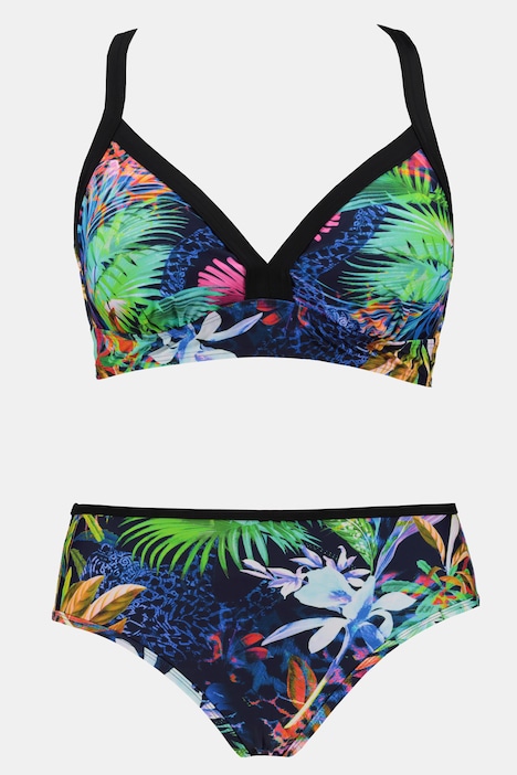 ULLA POPKEN Bikini tropisches Muster Spitzenrücken Softcups multicolor NEU