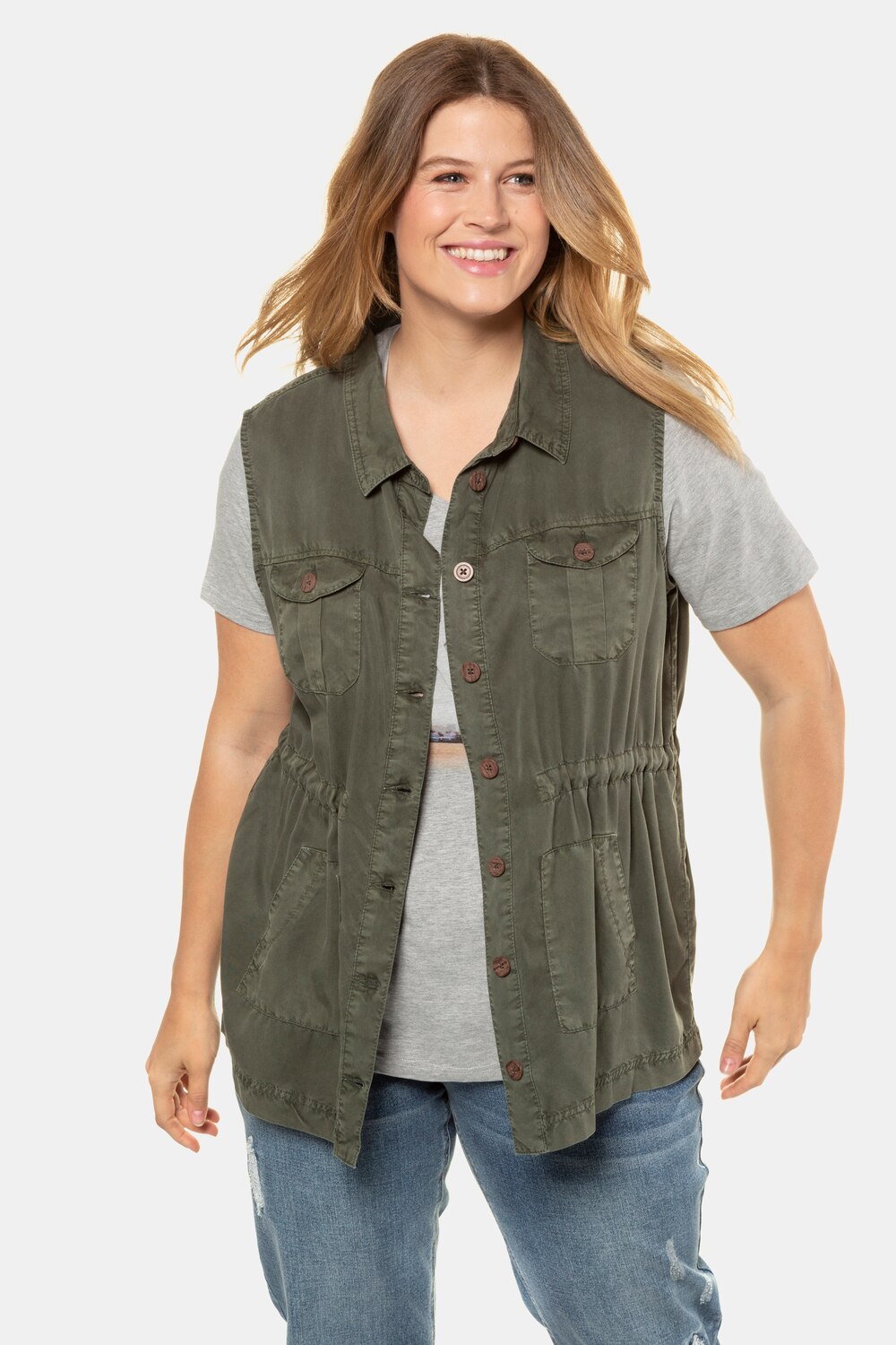 Grote Maten Lyocell bodywarmer, Dames, groen, Maat: 46/48, Synthetische vezels, Ulla Popken Grote Maten Lyocell bodywarmer, Dames, groen, Maat: 46/48, Synthetische vezels, Ulla Popken